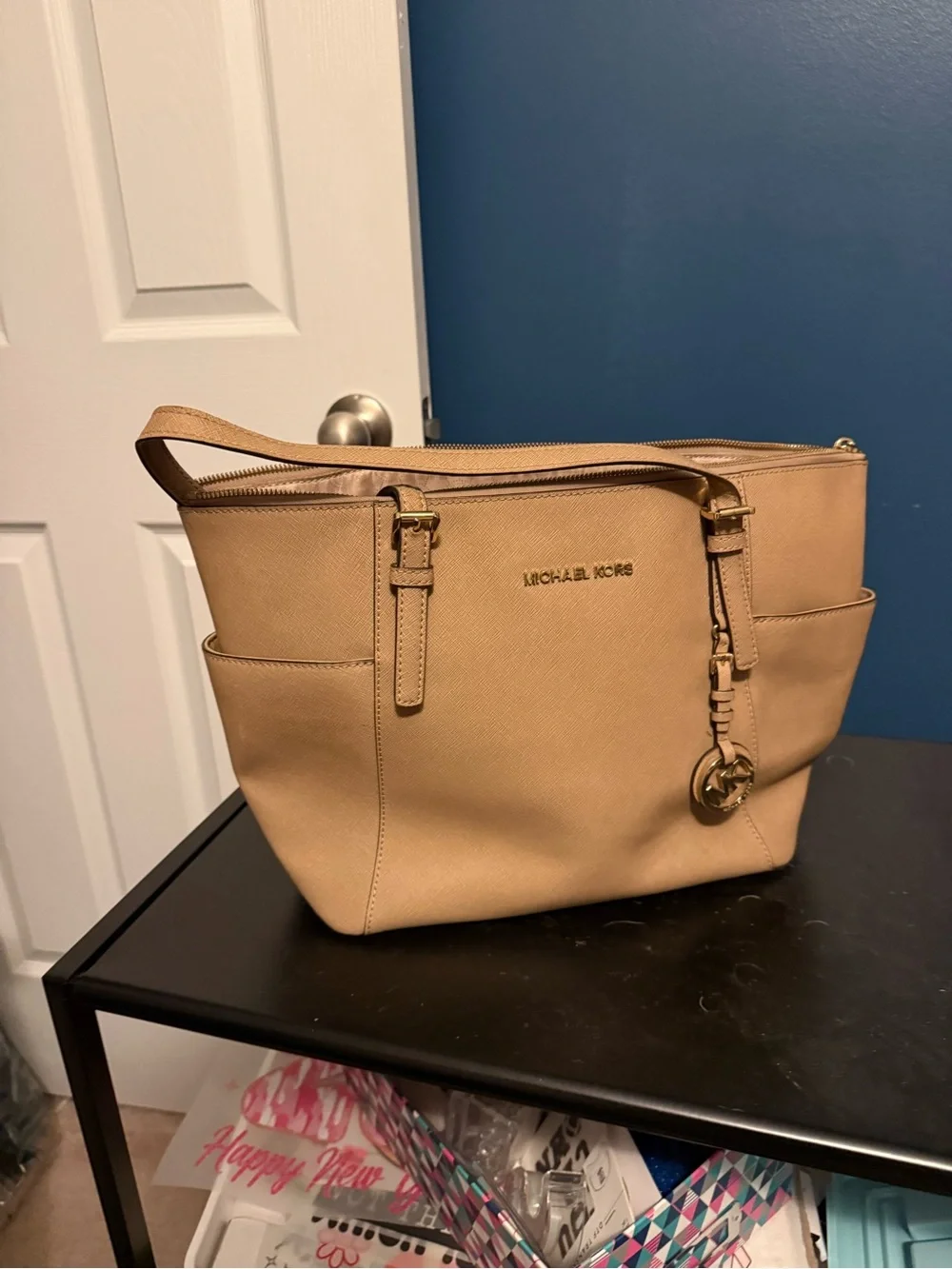 Michael Kors Beige/Tan Shoulder Tote with Gold Charm